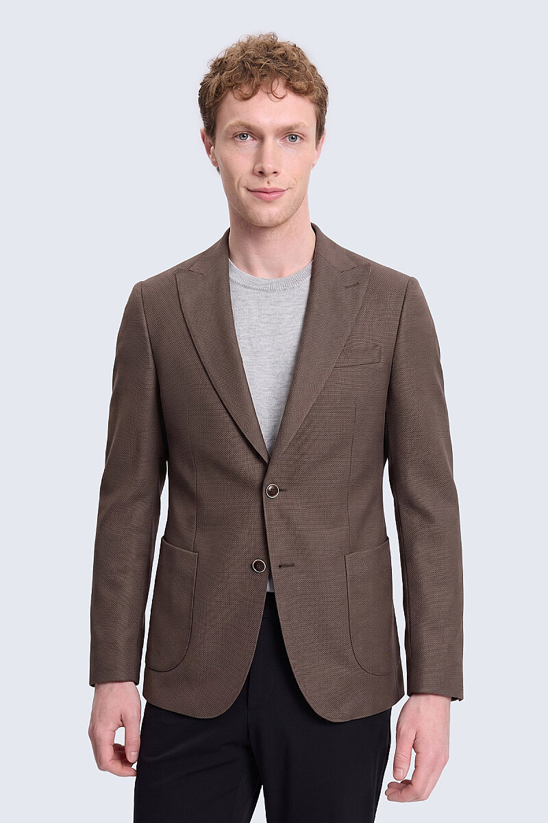 Kahverengi Comfort Fit Sivri Yaka Desenli Klasik Ceket