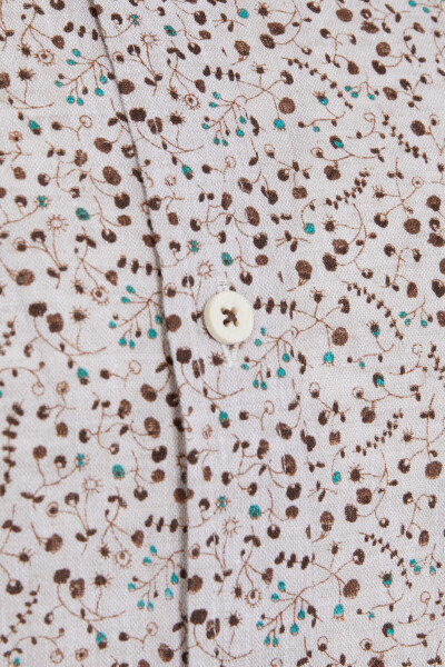 Kahverengi Slim Fit Baskılı Düğmeli Yaka Uzun Kollu Casual Keten Gömlek - 3