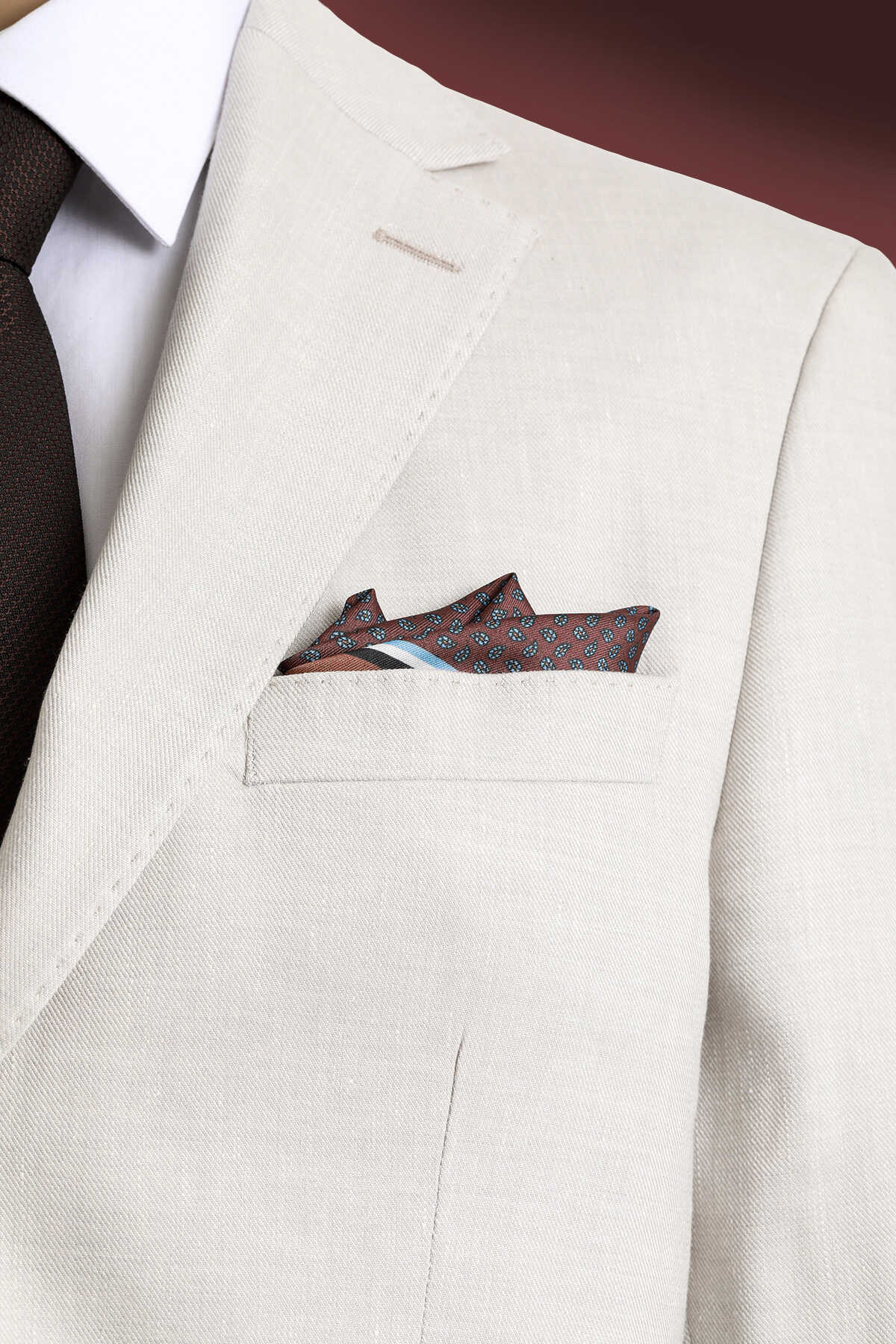 Kahverengi Desenli Klasik Saten Cep Mendili - 1