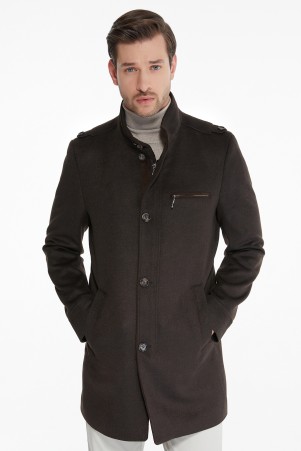 Kahverengi Dik Yaka Cep Detaylı Palto - Thumbnail