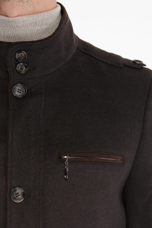 Kahverengi Dik Yaka Cep Detaylı Palto - Thumbnail