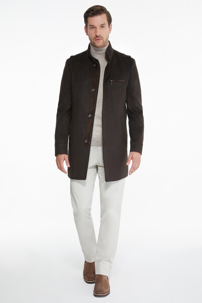 Kahverengi Dik Yaka Cep Detaylı Palto - 6