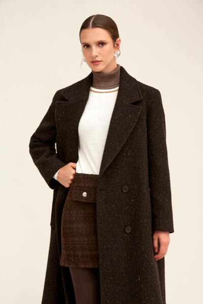 Kahverengi Dinamik Fit Ceket Yaka Kaşe Yünlü Manto - 3