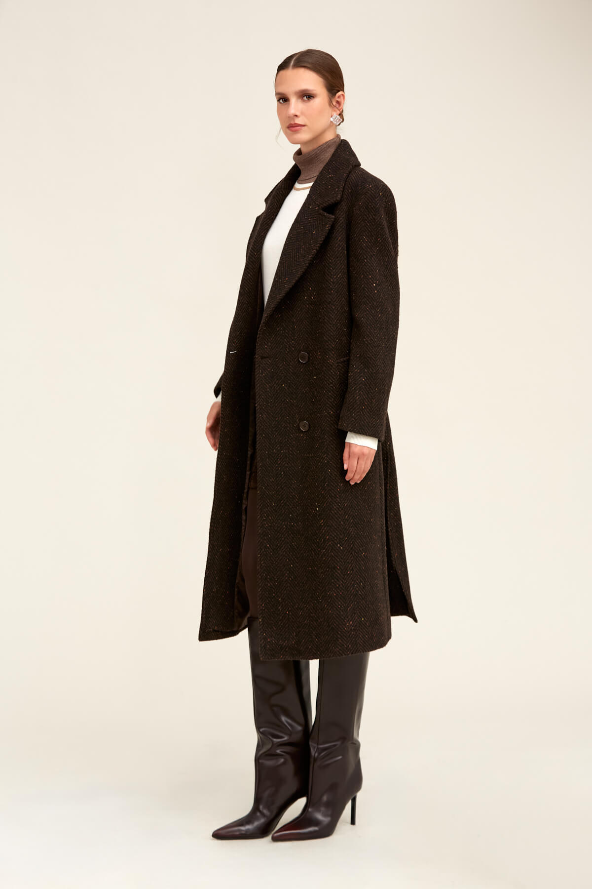 Kahverengi Dinamik Fit Ceket Yaka Kaşe Yünlü Manto - 6