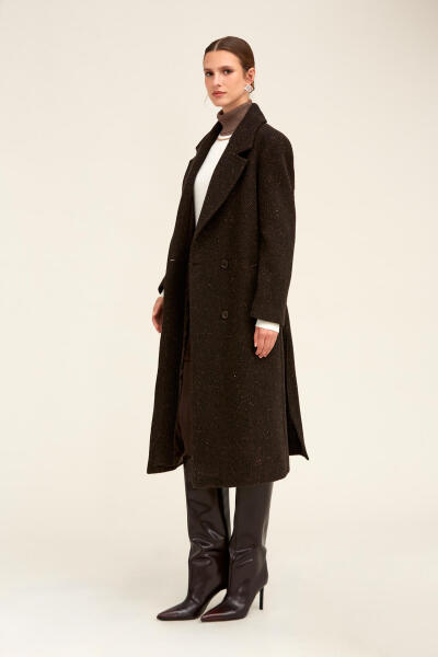 Kahverengi Dinamik Fit Ceket Yaka Kaşe Yünlü Manto - 6