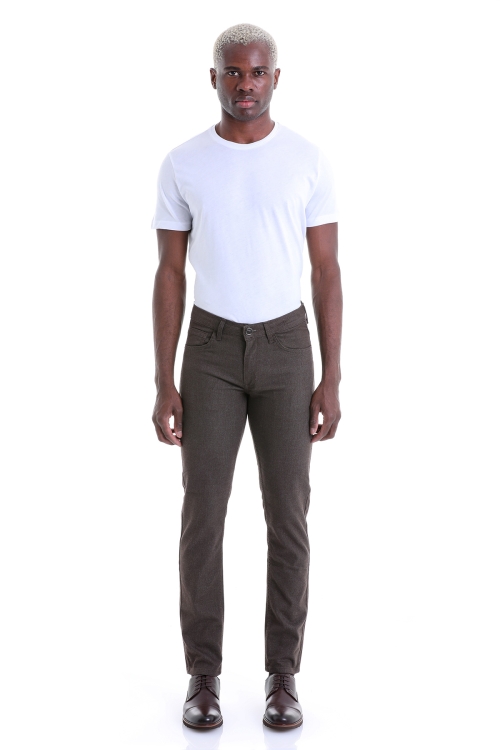 Kahverengi Slim Fit Desenli Pamuklu 5 Cep Kanvas Pantolon - Thumbnail (3)