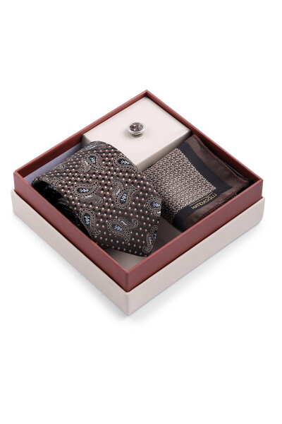 Kahverengi Üçlü Yaka Rozeti Kravat Mendil Set - 2