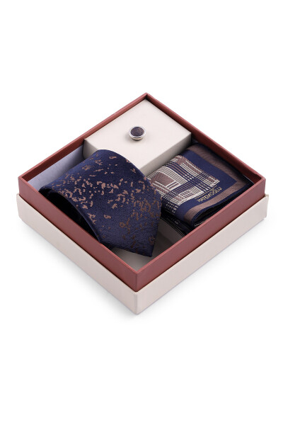Kahverengi Üçlü Yaka Rozeti Kravat Mendil Set - 2