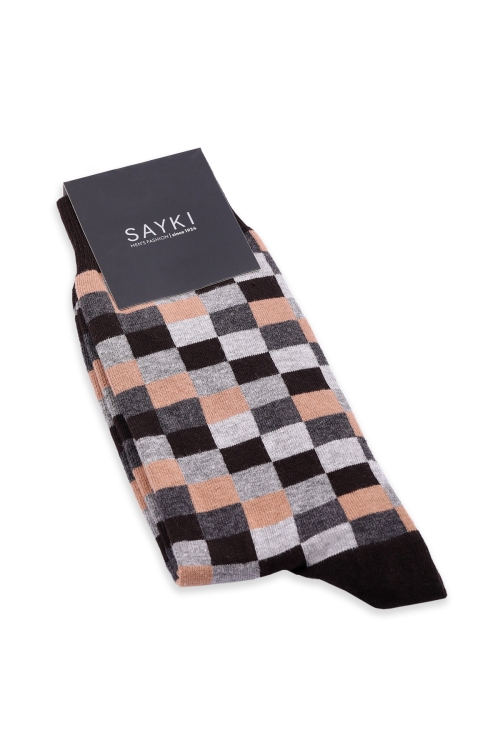 Hatem Saykı - Kahverengi Kareli Pamuklu Soket Çorap