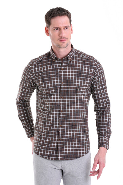 Kahverengi Kareli Slim Fit Pamuklu Düğmeli Yaka Uzun Kollu Casual İpek Gömlek - 1