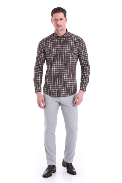Kahverengi Kareli Slim Fit Pamuklu Düğmeli Yaka Uzun Kollu Casual İpek Gömlek - 2