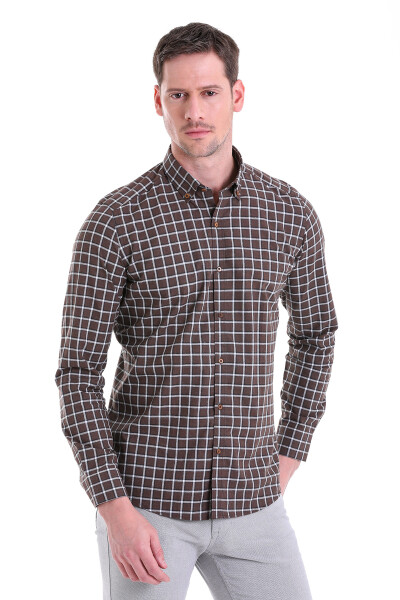 Kahverengi Kareli Slim Fit Pamuklu Düğmeli Yaka Uzun Kollu Casual İpek Gömlek - 3