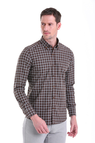 Kahverengi Kareli Slim Fit Pamuklu Düğmeli Yaka Uzun Kollu Casual İpek Gömlek - 4