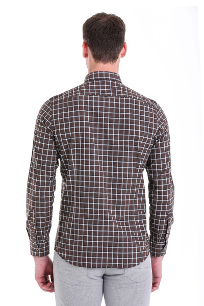 Kahverengi Kareli Slim Fit Pamuklu Düğmeli Yaka Uzun Kollu Casual İpek Gömlek - 6