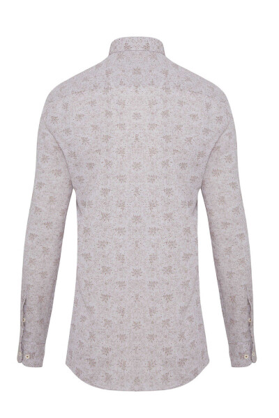 Kahverengi Slim Fit Baskılı Düğmeli Yaka Uzun Kollu Casual Keten Gömlek - 2