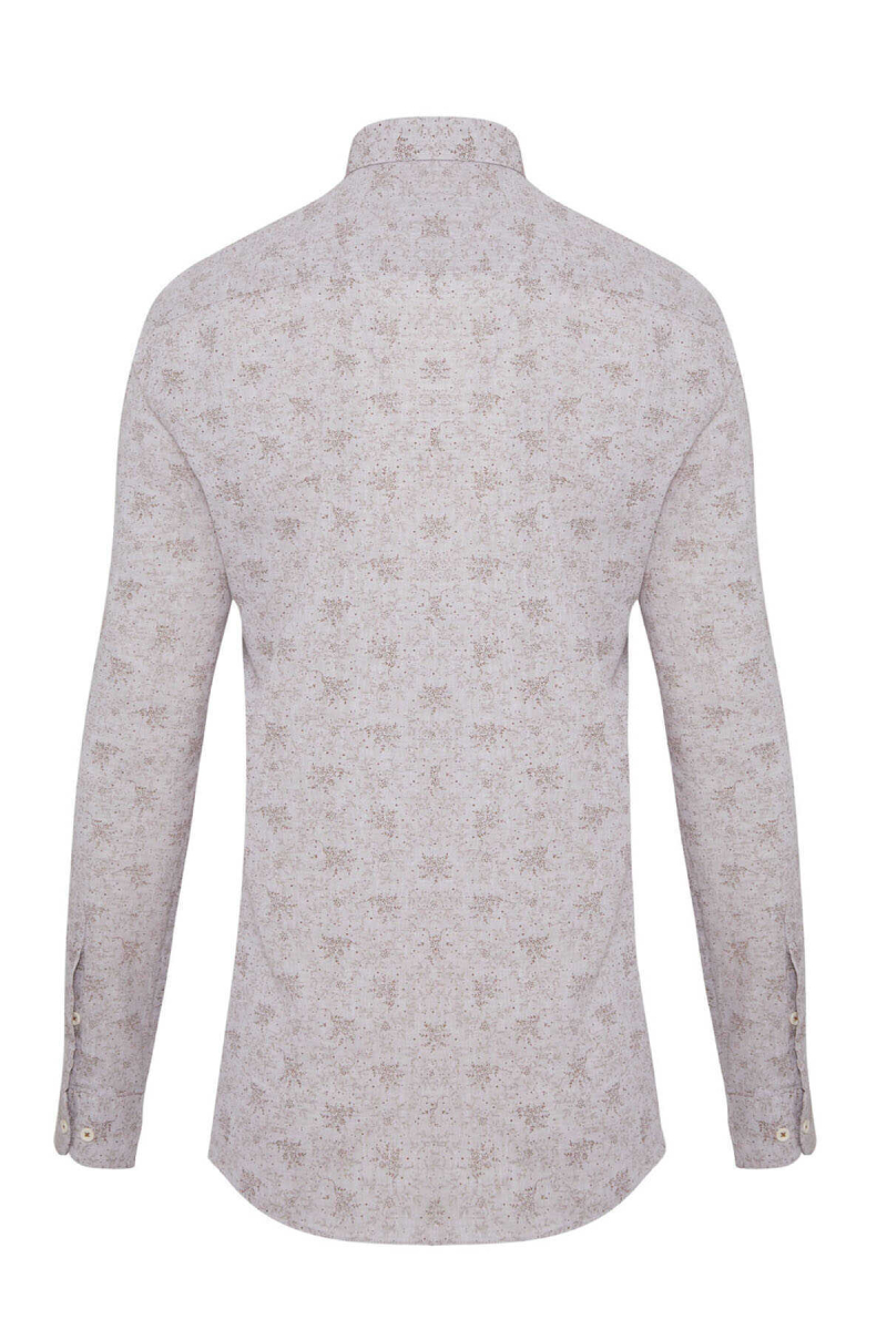 Kahverengi Slim Fit Baskılı Düğmeli Yaka Uzun Kollu Casual Keten Gömlek - Hatemoğlu (1)