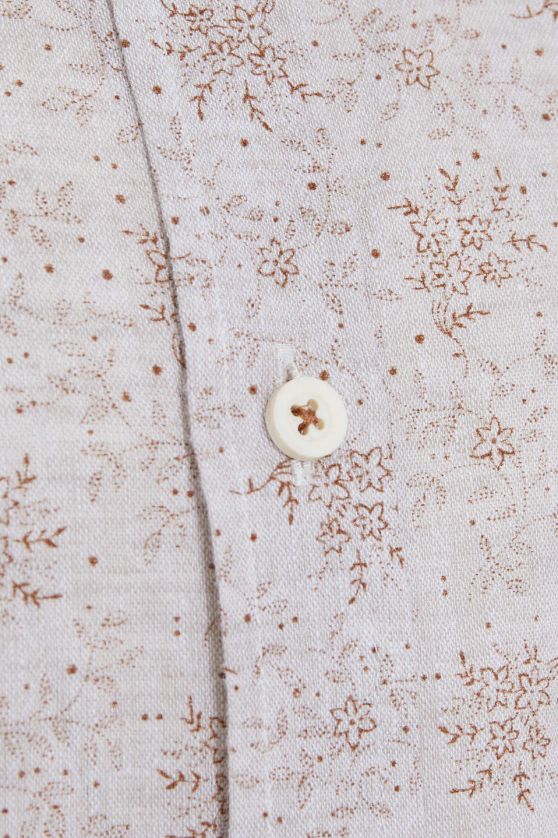 Kahverengi Slim Fit Baskılı Düğmeli Yaka Uzun Kollu Casual Keten Gömlek - Hatemoğlu (1)