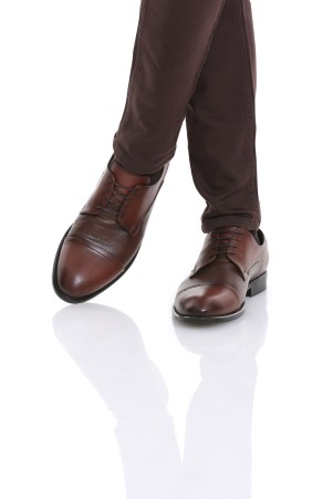 Kahverengi Klasik Düz Bağcıklı Deri Ayakkabı - Thumbnail