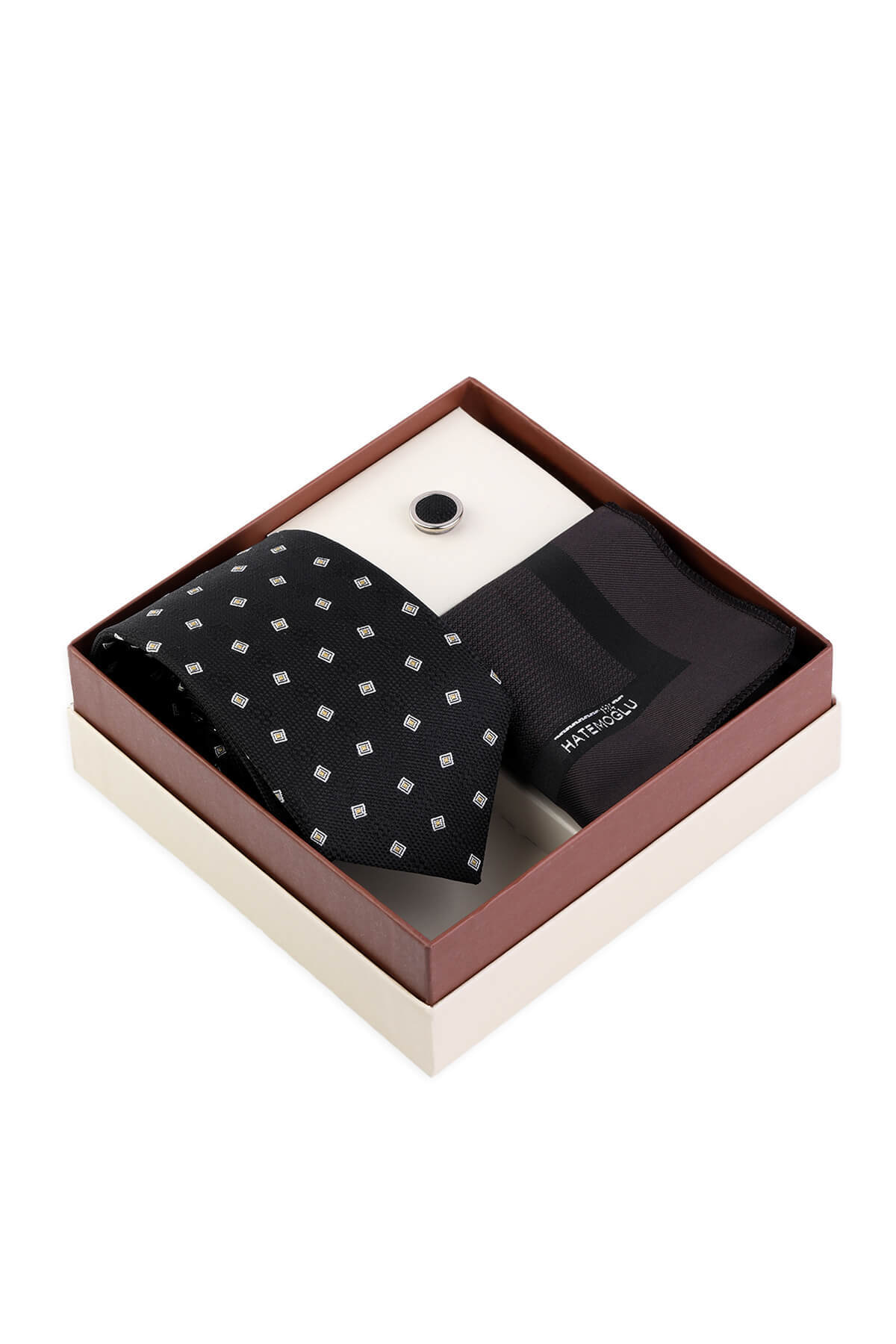 Kahverengi Kravat Mendil ve Yaka Rozeti 3'lü Set - 1