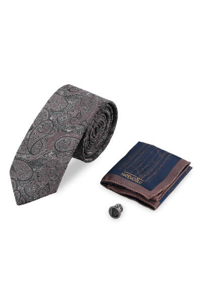 Kahverengi Kravat Mendil ve Yaka Rozeti 3'lü Set 