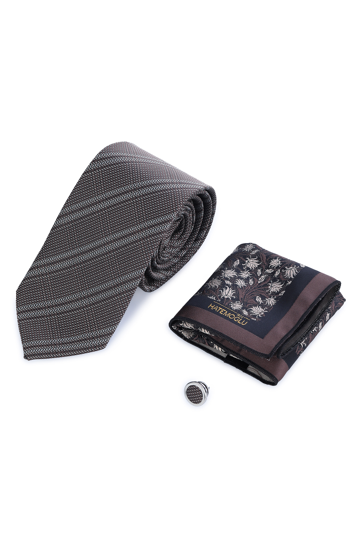 Kahverengi Kravat Mendil ve Yaka Rozeti 3'lü Set - 1