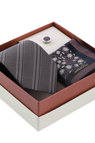 Kahverengi Kravat Mendil ve Yaka Rozeti 3'lü Set - 2