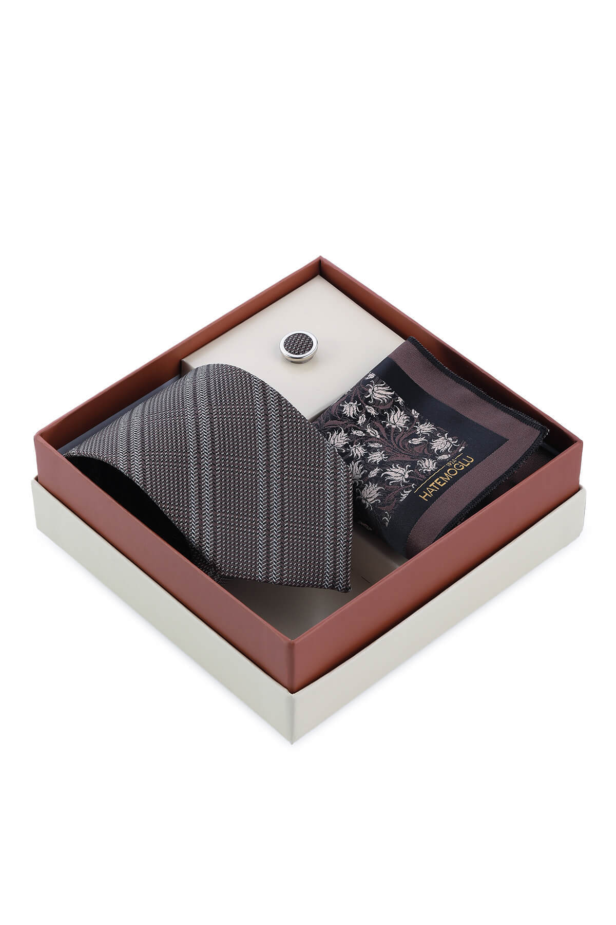Kahverengi Kravat Mendil ve Yaka Rozeti 3'lü Set - 3
