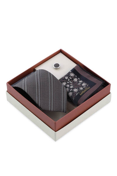 Kahverengi Kravat Mendil ve Yaka Rozeti 3'lü Set - 3