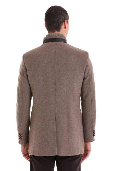 Kahverengi Slim Fit Hakim Yaka İçlikli Yünlü Palto - 7