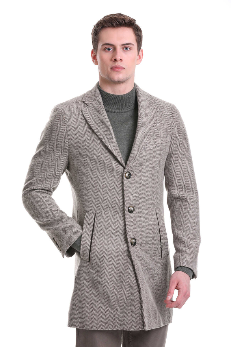 Kahverengi Regular Fit Balıksırtı Ceket Yaka Yünlü Kaşe Palto - Hatem Saykı