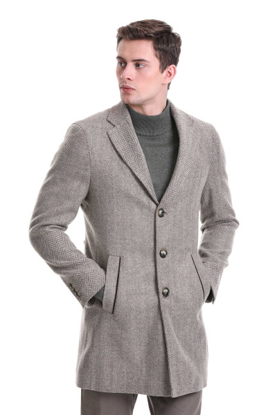 Kahverengi Regular Fit Balıksırtı Ceket Yaka Yünlü Kaşe Palto - 2