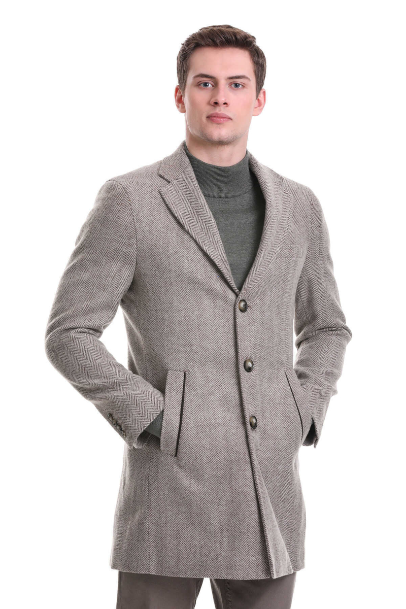 Kahverengi Regular Fit Balıksırtı Ceket Yaka Yünlü Kaşe Palto - Hatem Saykı (1)