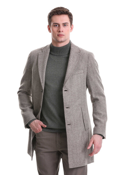 Kahverengi Regular Fit Balıksırtı Ceket Yaka Yünlü Kaşe Palto - 4