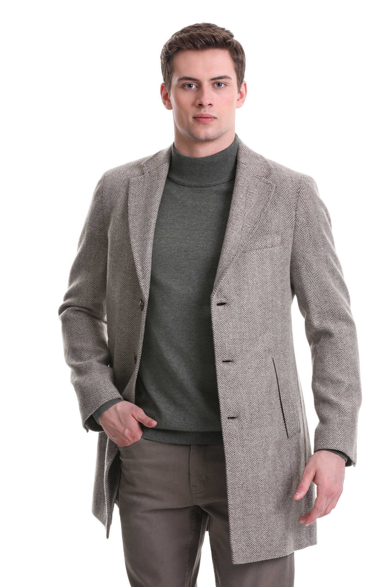 Kahverengi Regular Fit Balıksırtı Ceket Yaka Yünlü Kaşe Palto - Hatem Saykı (1)