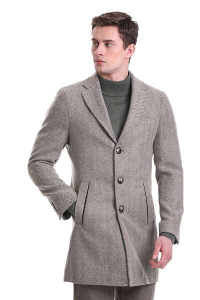 Kahverengi Regular Fit Balıksırtı Ceket Yaka Yünlü Kaşe Palto - 5