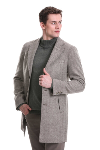 Kahverengi Regular Fit Balıksırtı Ceket Yaka Yünlü Kaşe Palto - 6