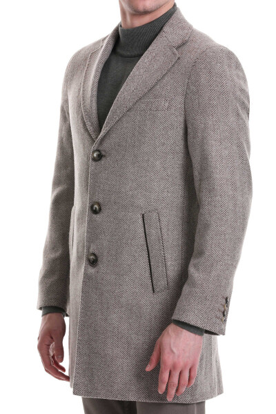 Kahverengi Regular Fit Balıksırtı Ceket Yaka Yünlü Kaşe Palto - 7