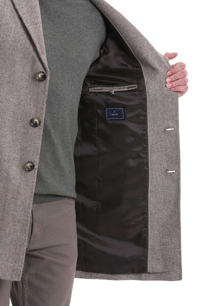 Kahverengi Regular Fit Balıksırtı Ceket Yaka Yünlü Kaşe Palto - 8