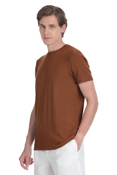 Kahverengi Regular Fit Bisiklet Yaka Tişört - 3