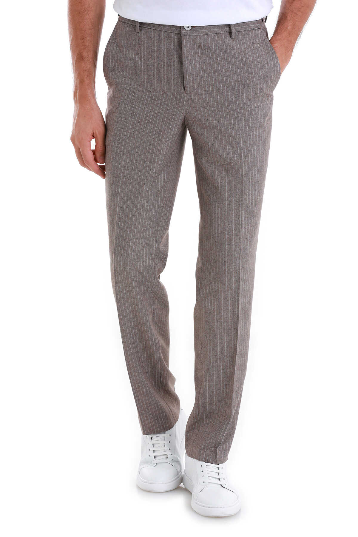 Kahverengi Regular Fit Çizgili Yandan Cepli Kumaş Pantolon - 1