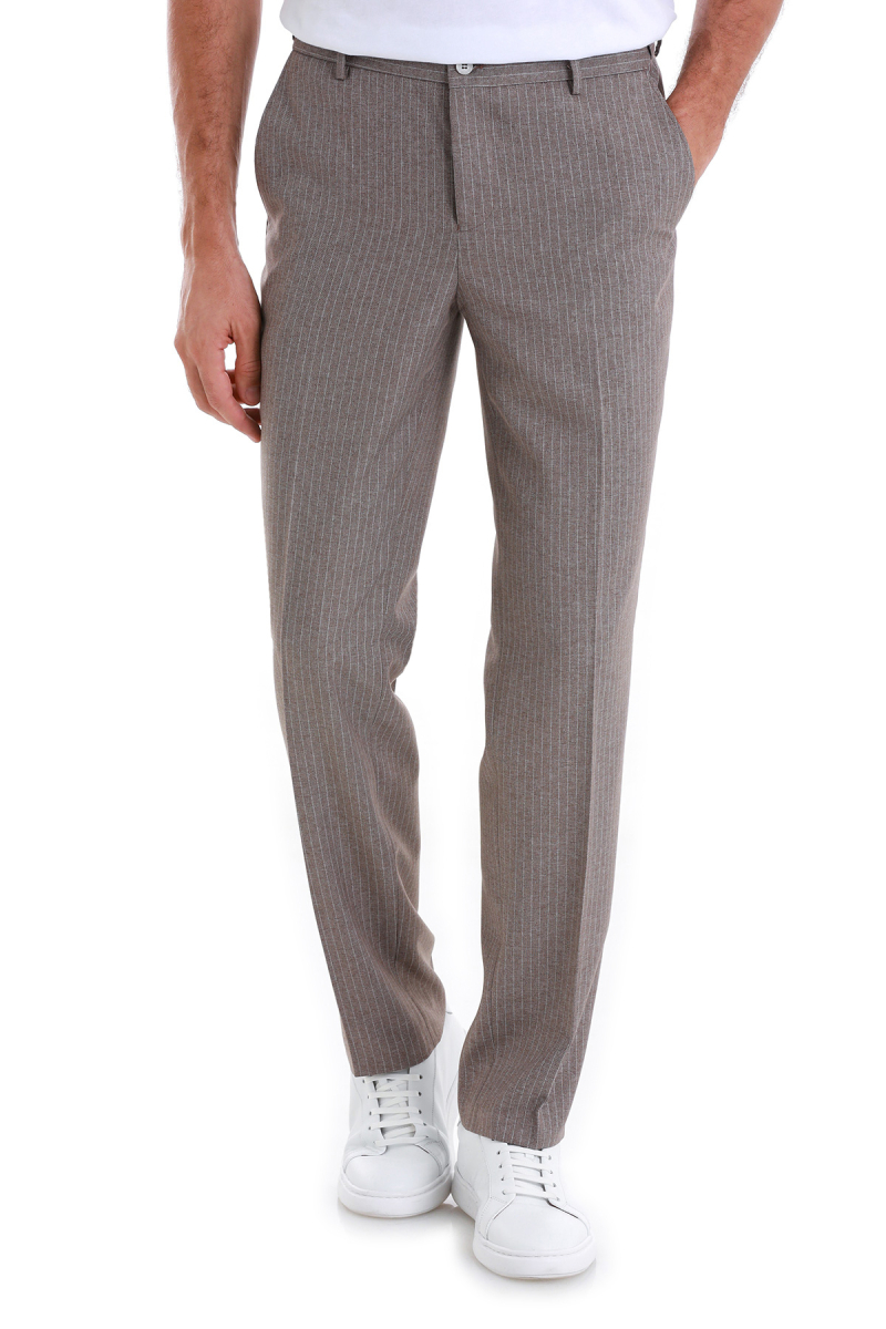 Kahverengi Regular Fit Çizgili Yandan Cepli Kumaş Pantolon - Hatemoğlu