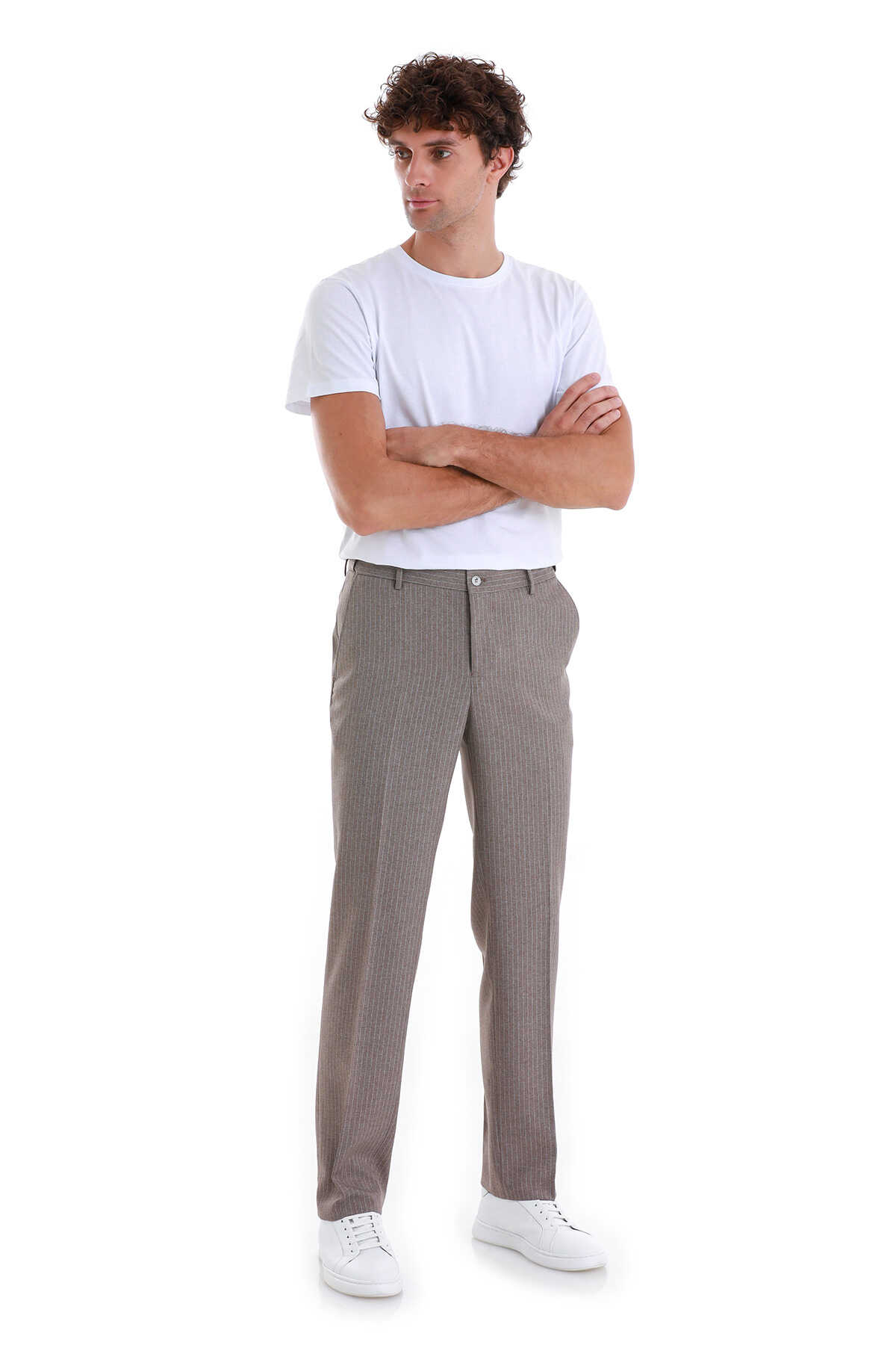 Kahverengi Regular Fit Çizgili Yandan Cepli Kumaş Pantolon - 2