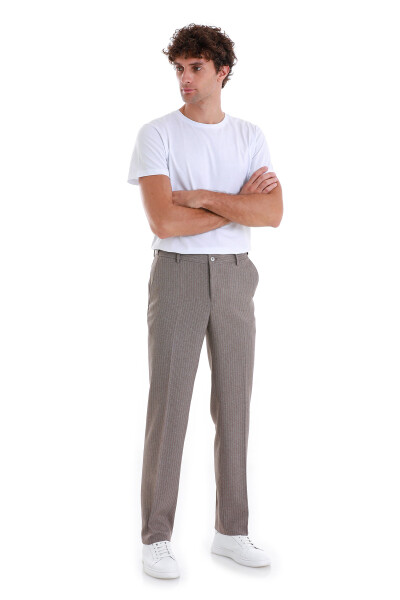 Kahverengi Regular Fit Çizgili Yandan Cepli Kumaş Pantolon - 2