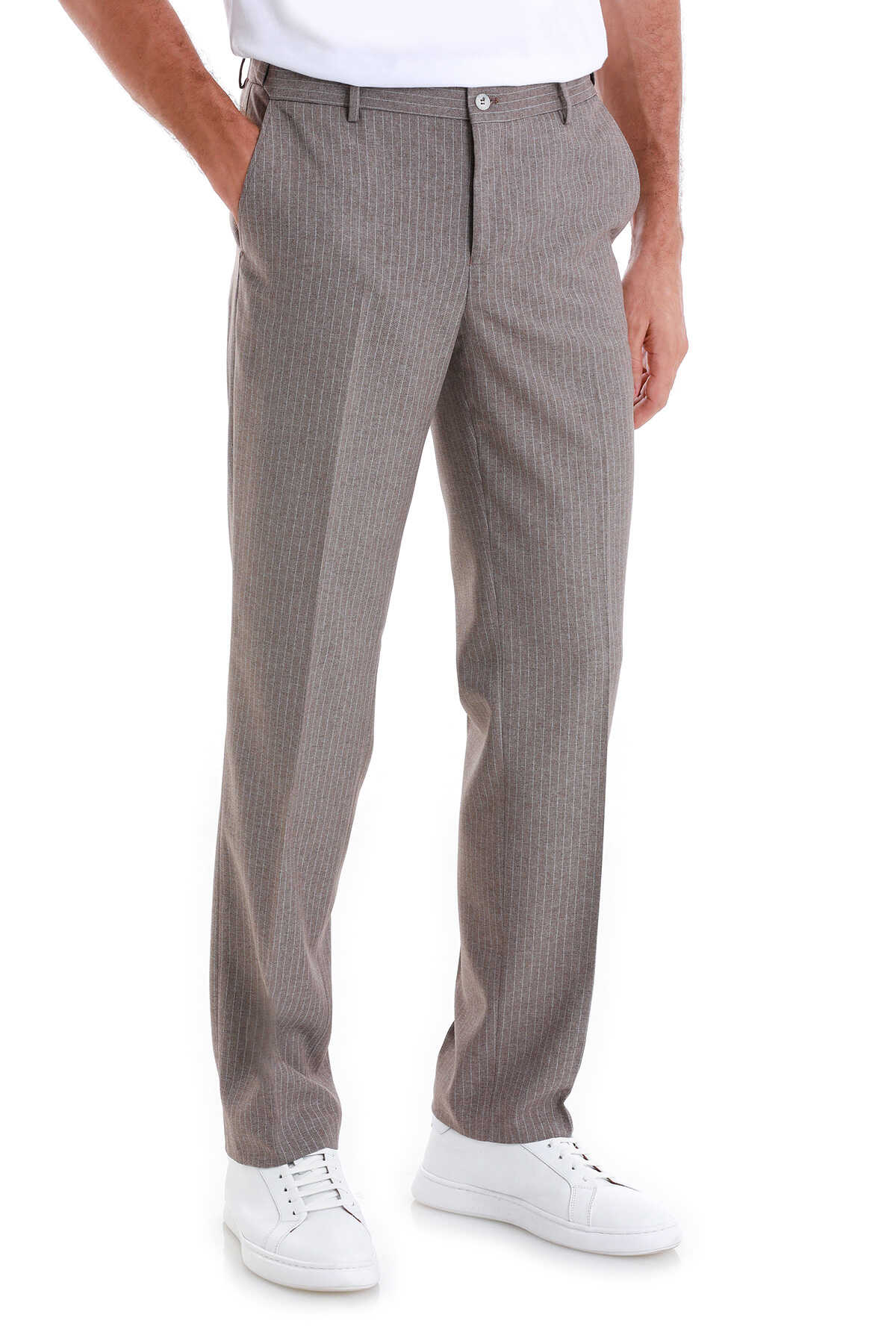 Kahverengi Regular Fit Çizgili Yandan Cepli Kumaş Pantolon - 3