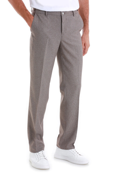 Kahverengi Regular Fit Çizgili Yandan Cepli Kumaş Pantolon - 3