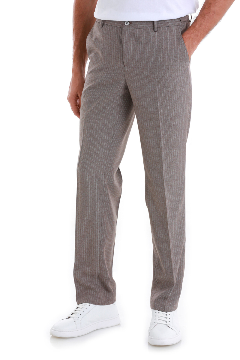 Kahverengi Regular Fit Çizgili Yandan Cepli Kumaş Pantolon - Hatemoğlu (1)