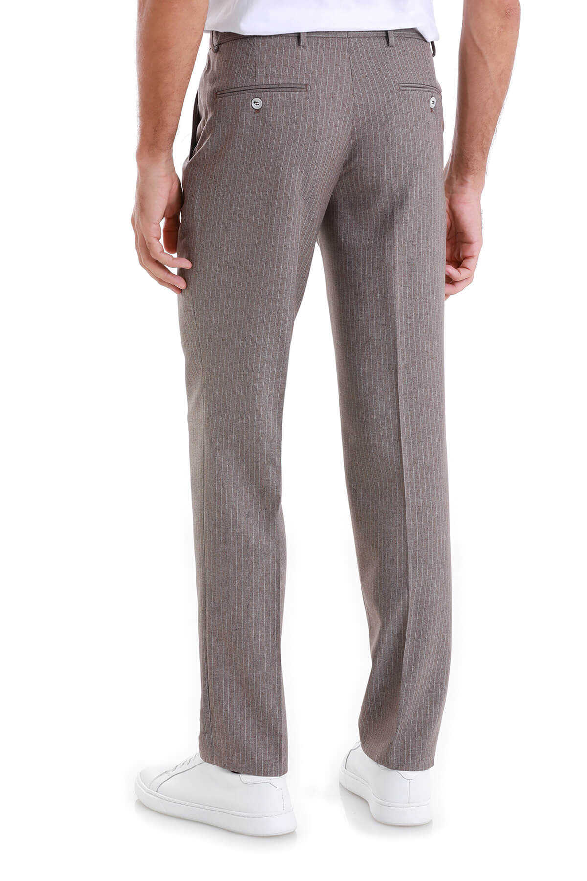 Kahverengi Regular Fit Çizgili Yandan Cepli Kumaş Pantolon - 5