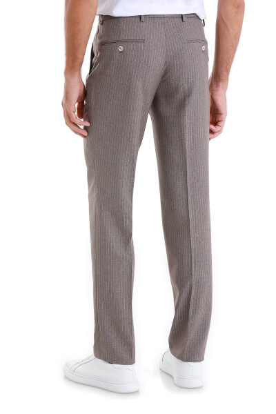 Kahverengi Regular Fit Çizgili Yandan Cepli Kumaş Pantolon - 5