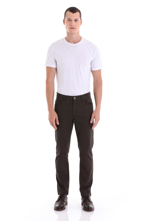 Kahverengi Regular Fit Düz 5 Cep Pamuklu Yüksek Bel Kot Pantolon - Thumbnail (1)