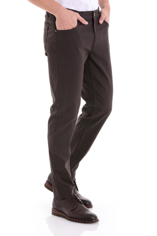 Kahverengi Regular Fit Düz 5 Cep Pamuklu Yüksek Bel Kot Pantolon - Thumbnail (3)